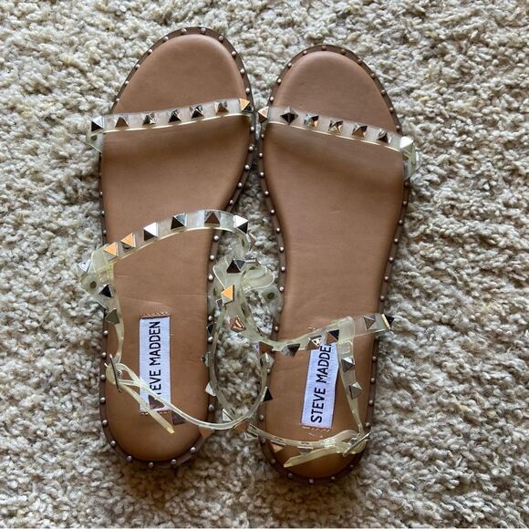 Steve Madden Travel Tan Flat Sandal Crystals Size 7.5 - Picture 2 of 7